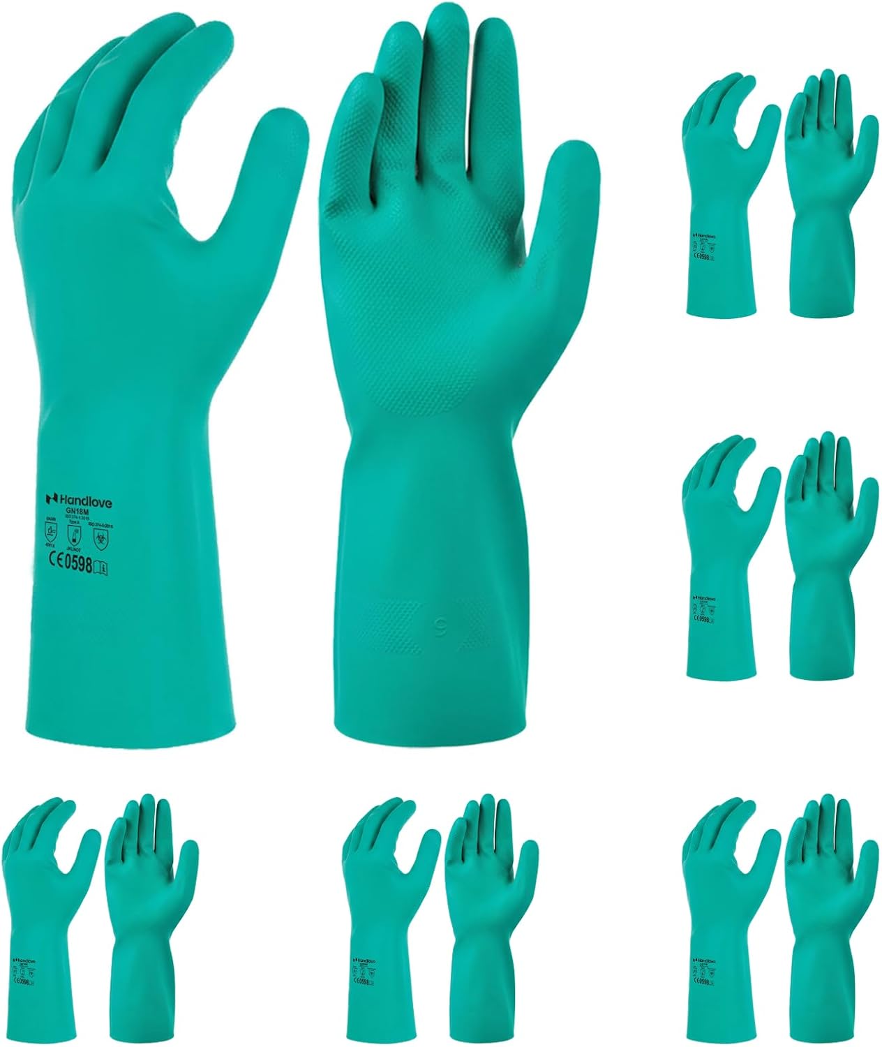 HandLove Chemical Resistant Nitrile Gloves, 18 Mil, 13 Inch Long, Latex-Free Reusable Cleaning Gloves with Non-Slip Grip for Dishwashing, Household Cleaning & Automotive, 6 Pairs, Large
