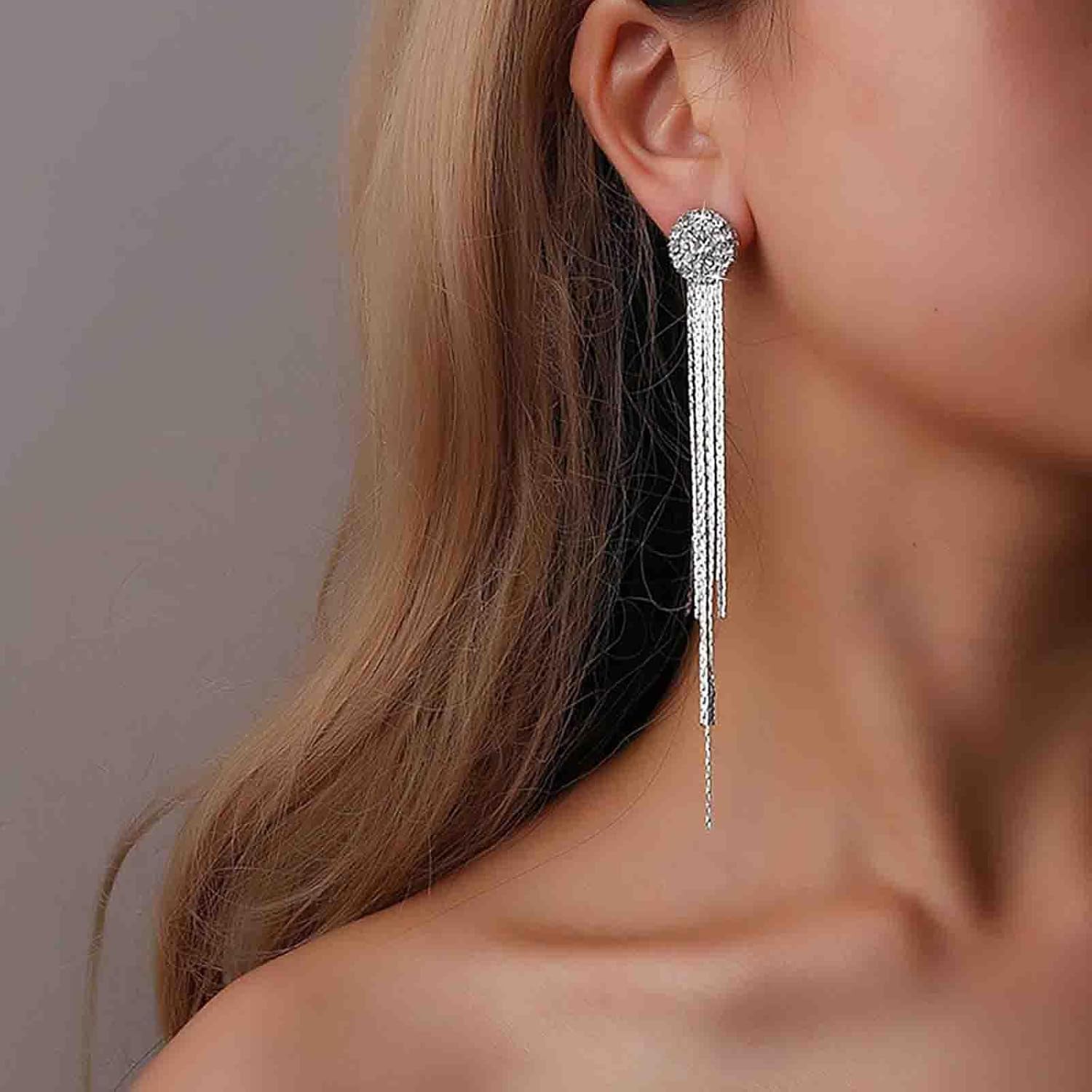 Boho Crystal Tassel Chain Earrings Sliver Tassel Chain Earrings Long Cz Tassel Drop Earrings Rhinestone Chandelier Dangle Earrings Jewelry for Women - Image 2