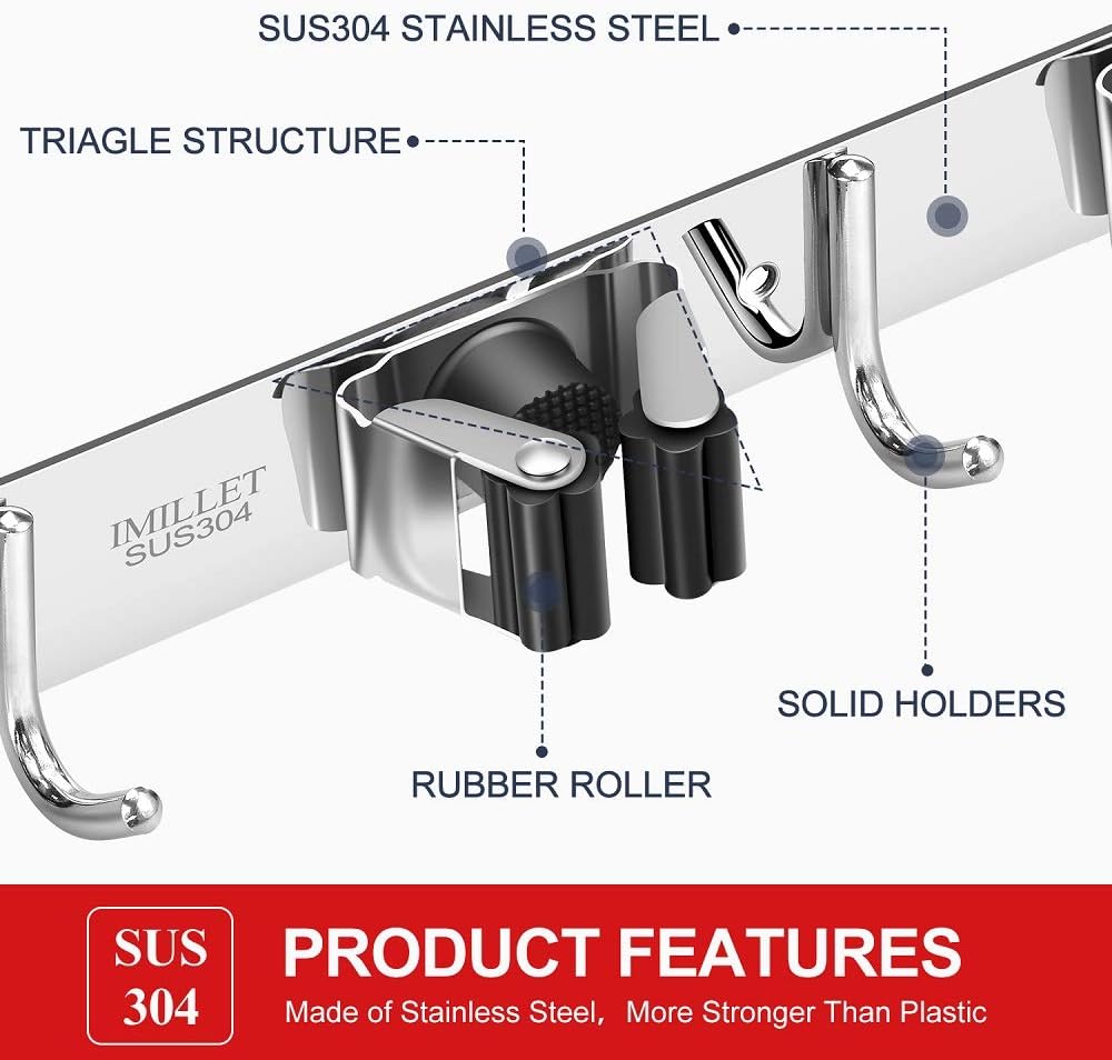 IMILLET Broom and Mop Holder Wall Mounted Broom Holder Stainless Steel Mop Holder Self Adhesive Heavy Duty Hooks Storage Organizer for Laundry Room Garden Garage Closet Kitchen （2 Pack） : Tools & Home Improvement