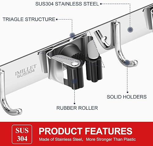 Miniatura 2 de IMILLET Paquete de 2 Soportes para Escobas y Fregonas con Montaje en Pared, Soporte para Escoba y Fregona de Acero Inoxidable, Autoadhesivo, Ganchos