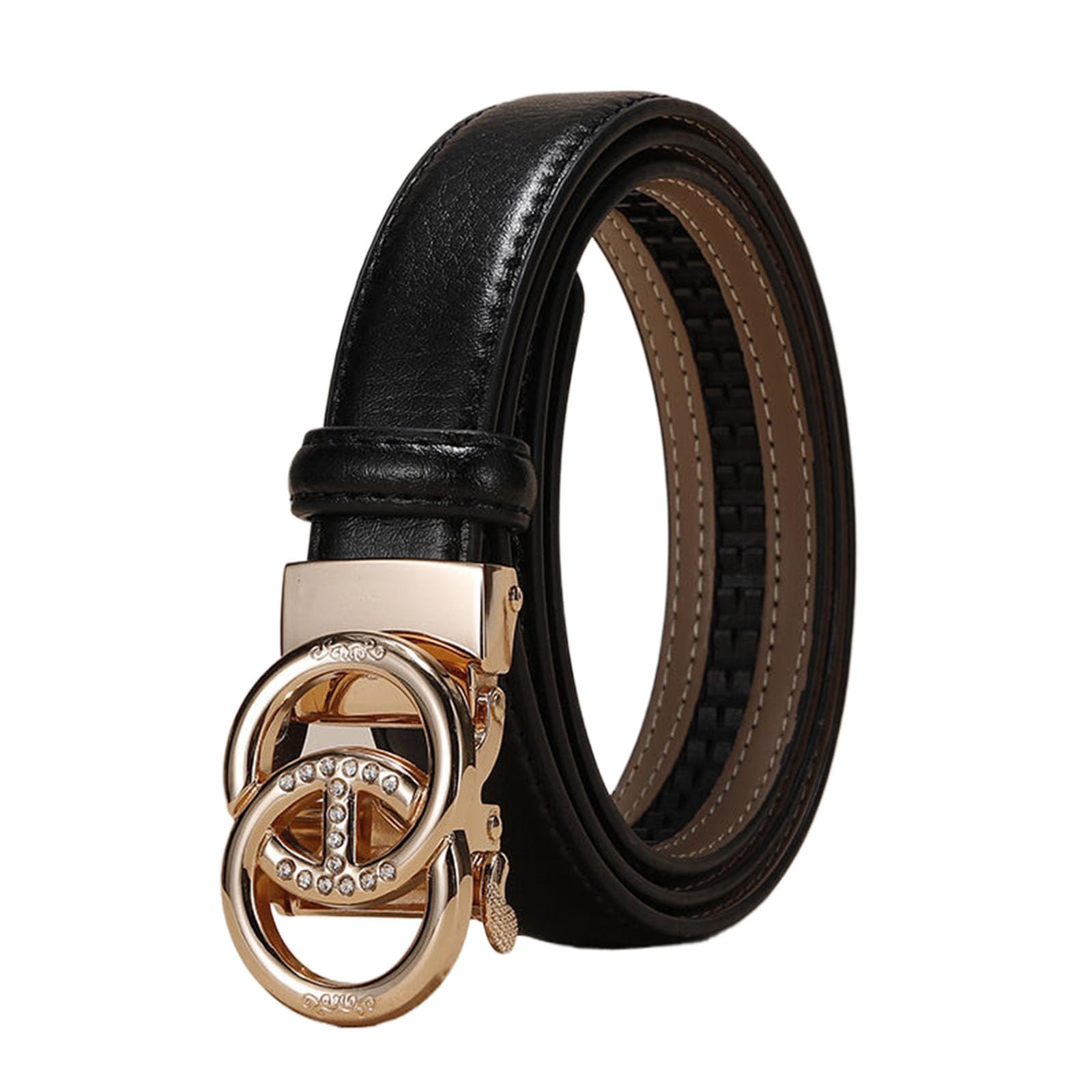 WRJAHCG Women's Belts Ratchet Fashion, Adjustable Thin Belt for Women with Hollow Pattern Alloy Automatic Buckle,Black,115CM/45.3''