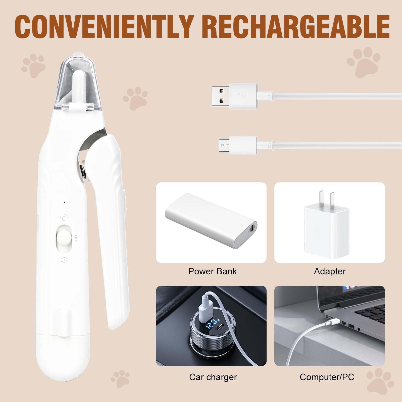 Tagliaunghie 2 in 1 per animali domestici, con ricarica USB, silenzioso, meno di 40 decibel, tagliaunghie per cani di grossa taglia e gatto, doppia luce LED, adatto per tutti gli animali domestici