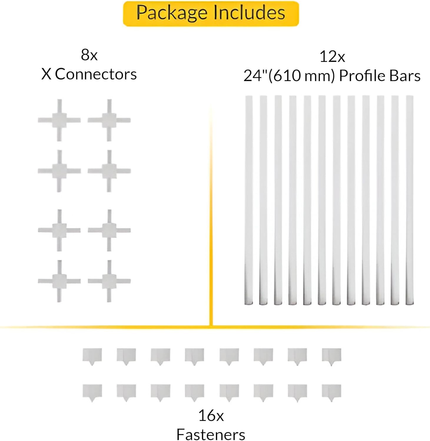 Brixwell Plastic Window Grille Kit in White Finish With 12 Total 24" Profiles, 8 Grid Connectors, and 16 Fasteners for Installing Decorative Grille Layouts on Home Window Glass