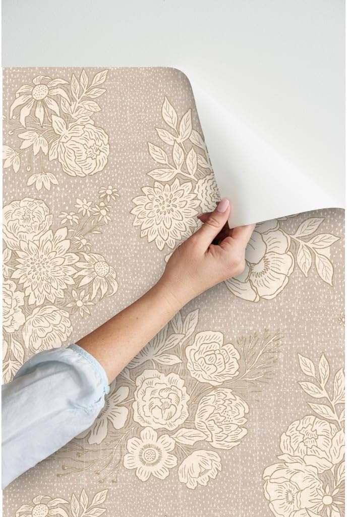 Peel & Stick Wallpaper 3ft x 2ft - Vintage Peony Country Floral Botanical Neutral Rustic Boho Tan Taupe Custom Removable Wallpaper by Spoonflower