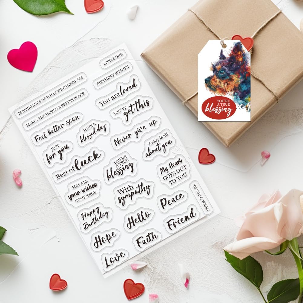 Sentiments Clear Stamps and Metal Cutting Dies for Card Making Greeting Words Silicone Stamp and Die Cuts Set Blessing Words Transparent Stamps for DIY Scrapbooking Paper Craft Supplies