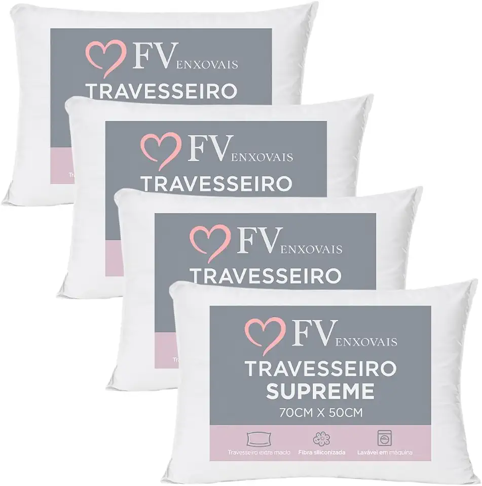 4 Travesseiros Antialérgico Toque Macio Textura Firme Lavável na Máquina Fibra Siliconada Tamanho Padrão 70x50 (4)