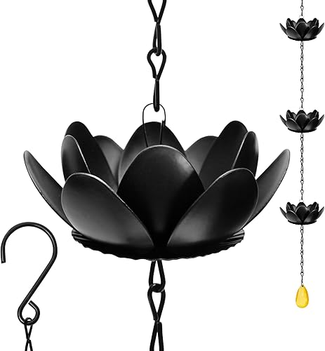 Johaus Cadena de lluvia para canalones, cadena de lluvia de loto negro de 8.5 pies con 16 tazas y apertura de drenaje de 1 pulgada de ancho,