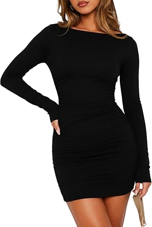 Navneet Women Boat Neck Mini Dress Ruched Long Sleeve Dress Sexy Bodycon Dresses Going Out Dresses Cocktail Party Club Fall