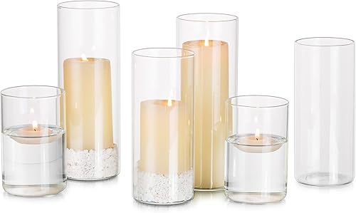 Glasseam Juego de 6 portavelas de cristal Hurricane, portavelas cilíndricos transparentes para velas de pilar, velas flotantes modernas para centros