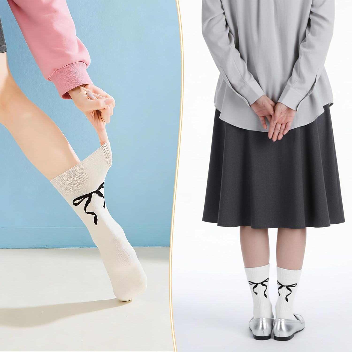 5 Pairs Bow Socks Women, Cotton Cute Crew Socks with Bows, Casual Athletic Bowknot Pattern Calf Sock, Beige Black Grey Novelty Sock for Women