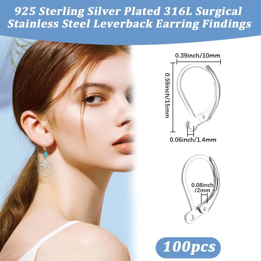 Beebeecraft 100Pcs 316L Surgical Stainless Steel Leverback Earring Findings, Hypoallergenic 925 Sterling Silver Plated French Earring Hooks Lever Back Dangle Ear Wire for Jewelry Making DIY Ear Craft