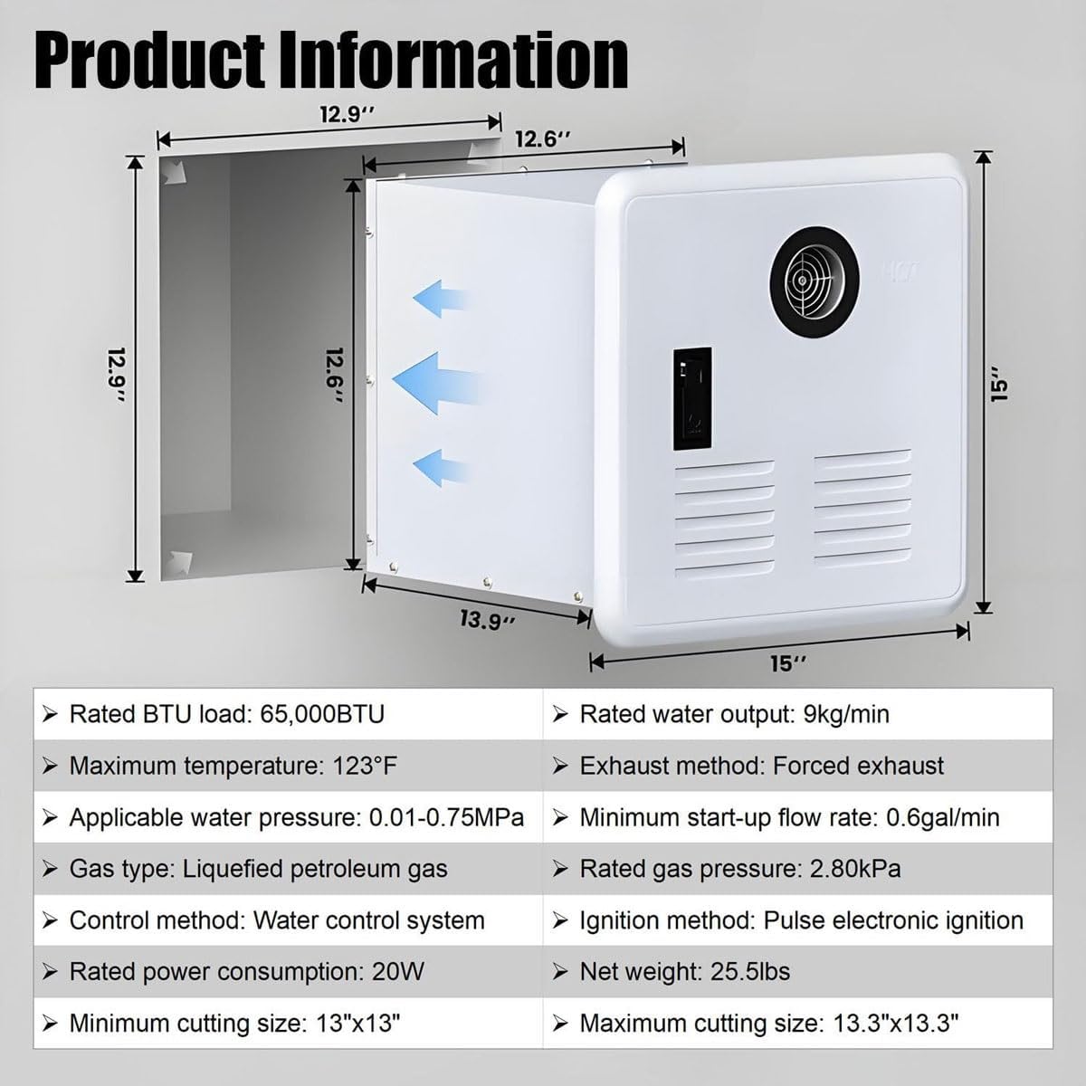Rv Tankless Water Heater, Camper Water Heater, 65,000 Btu On-Demand Instantaneous Hot Water System,2.8 GPM Gas Hot Water Heater with 15" x 15" Door,for Rvs, Campers, and Travel Trailers(White)