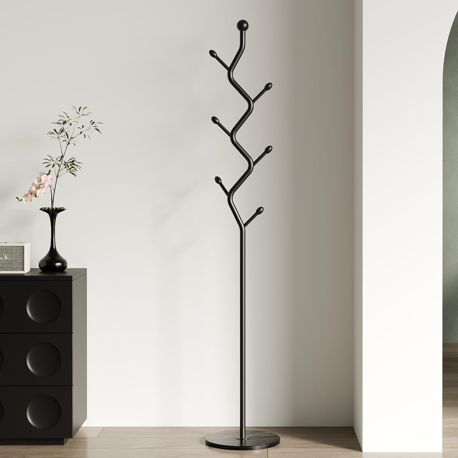 Creative Tree Branch-Look Coat Rack Freestanding with 6 Hooks & Sturdy Marble base Metal Clothes Hanger Stand for Entryway/Mudroom/Bedroom/Hallway/Home Office (Matte black)
