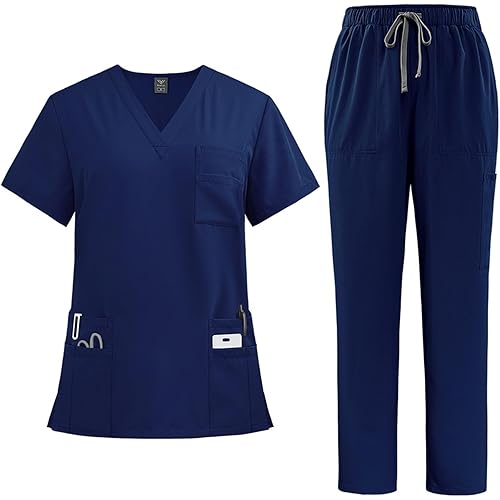 FONMA Scrubs for Women Set Casual Solid Medical Uniform Stretch V-Neck Scrub Top & Jogger Pant with Pockets