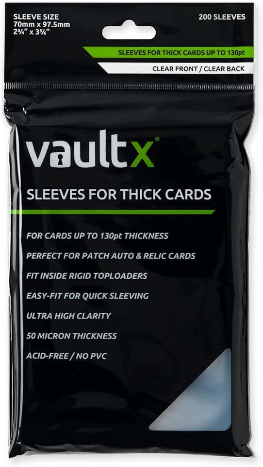 Vault X Soft Penny Sleeves for Thick Cards up to 130pt (200 Pack) Clear | Fits thick cards up to 130pt: relics, patches & jersey hits. Soft, clear penny sleeves. 200-pack, acid-free storage.