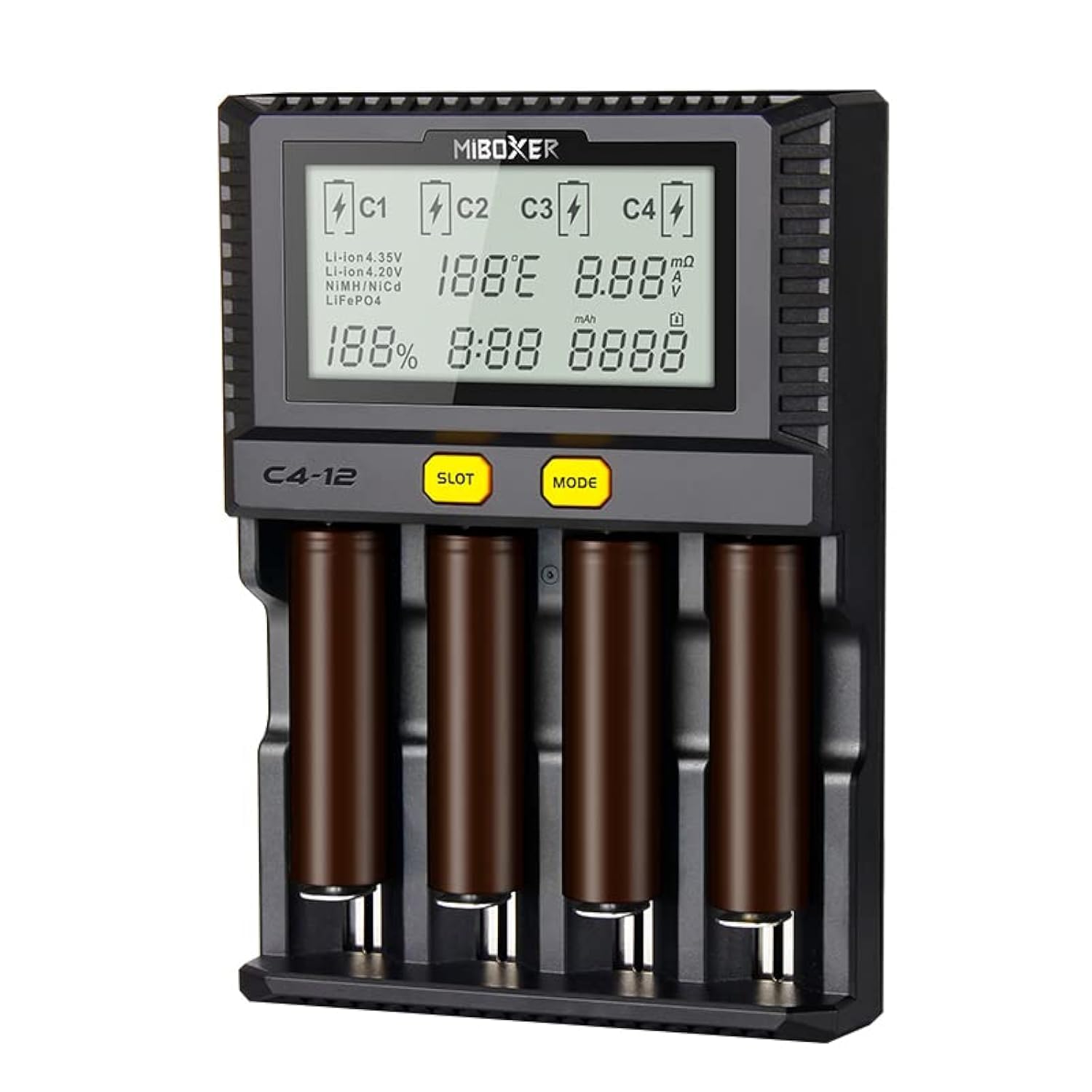 Cargador 18650 más rápido, AUKSKY 3A Cargador rápido de 4 ranuras Pantalla LCD Control de temperatura para pilas AAAAA D 26650 18490 18350 18500 RCR123 Li-ion/IMR/INR/ICR/Ni-MH/Ni-Cd