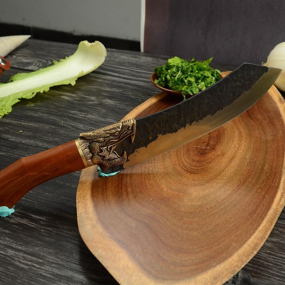 Meat Cleaver Knife, 7.5 Inch Forged Outdoor Knife Kitchen Knives German 7cr17 Carbon Steel Leather Sheath Hunting Survival Camping Meat Slicer