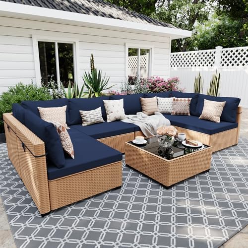 UPHA 7 Pieces Patio Furniture Sets Outdoor Sectional Sofa Wicker ...