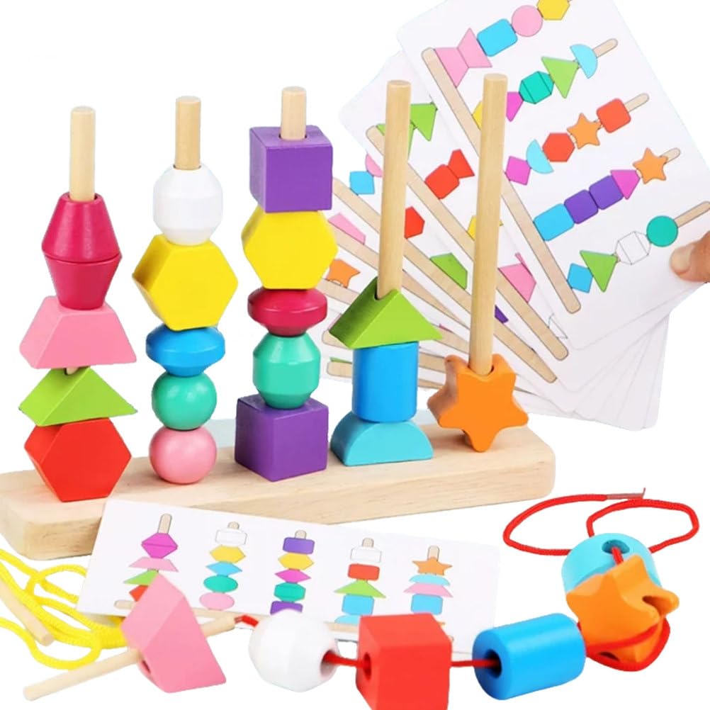 Montessori Holzform-Stapel-Pegboard- und Schnurperlen-Spielzeug | Kleinkind geometrische Farbzuordnungs- und Sortierblöcke, Feinmotorik-Stapler- und Fädelpuzzle-Spiel
