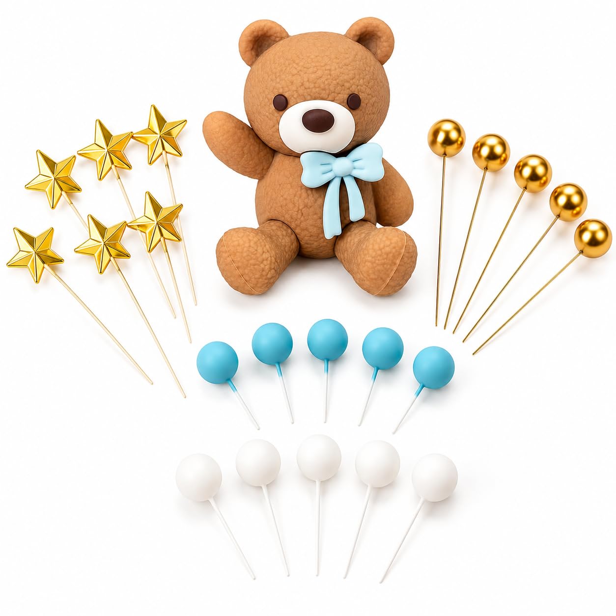 Trevixor 21 PCS Teddy Bear Cake Toppers, Bear Cake Topper Set with Star and Ball Picks, Cake Toppers for Birthday Parties, Celebrations and Dessert Tables
