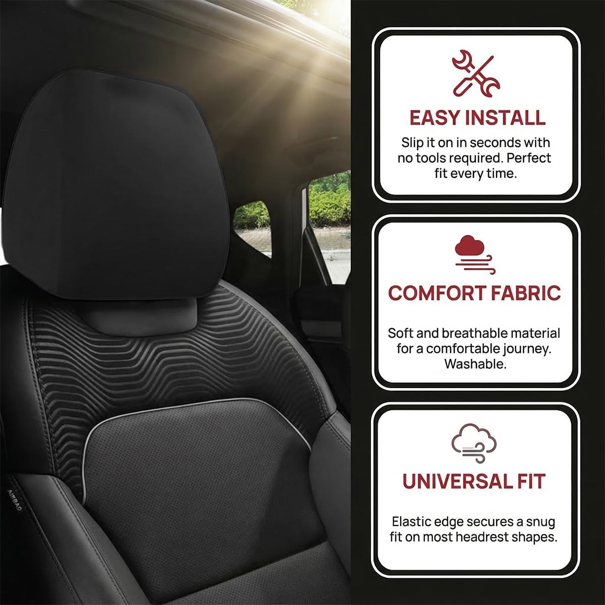 4PCS Car Headrest Covers, Washable Soft Flexible Foldable Automotive Seat Headrest Pillow Wear Protection Cover, Dirt-Proof Vehicle Head Rest Protector Accessories, Universal Fit (Black) image 4