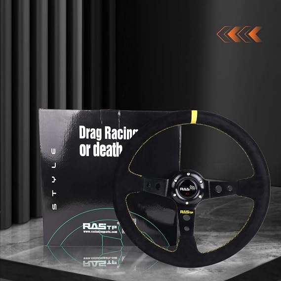 RASTP Universal Racing Steering Wheel Suede Deep Dish 13.58”/345mm 6 Bolts with Horn Button Include Cable,Wrench (Yellow)