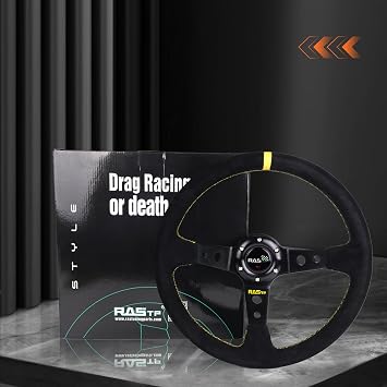 RASTP Universal Racing Steering Wheel Suede Deep Dish 13.58”/345mm 6 Bolts with Horn Button Include Cable,Wrench (Yellow)
