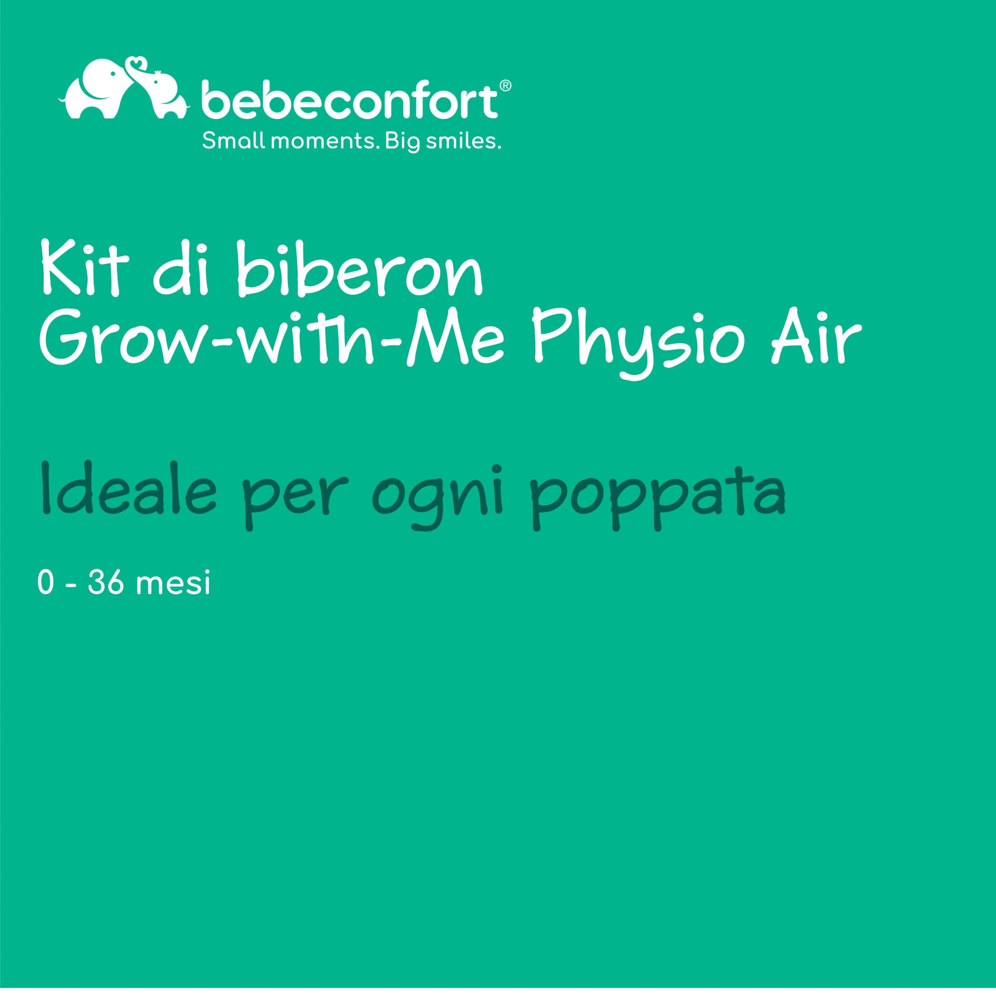 Bebeconfort Kit Biberon Neonato Physio Air Cresce-con-Me, Biberon Anticolica, 0+ mesi, Include 4 Biberon Neonato, 3 Misure di Tettarelle, Succhietto Anatomico, Design che si illumina al buio