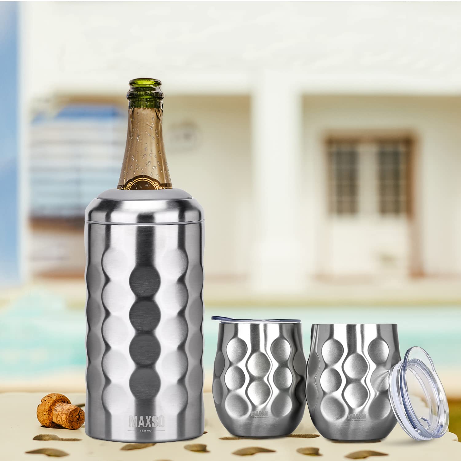 Weinkühler, einzelne Flasche, Edelstahl, Eislos, Kühler, isolierte Weinflasche, hält Wein bis zu 6 Stunden kalt, Geschenk für Weinliebhaber, schnell und tragbar (1 Flasche + 2 Tasse))