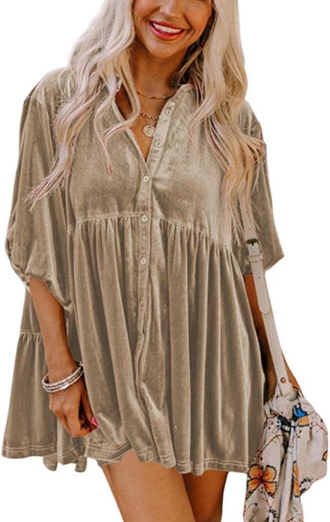 Melliflo Velvet Tops for Women Button Down T Shirt 3/4 Sleeve Tunic Tops Casual Lapel Babydoll Mini Dress
