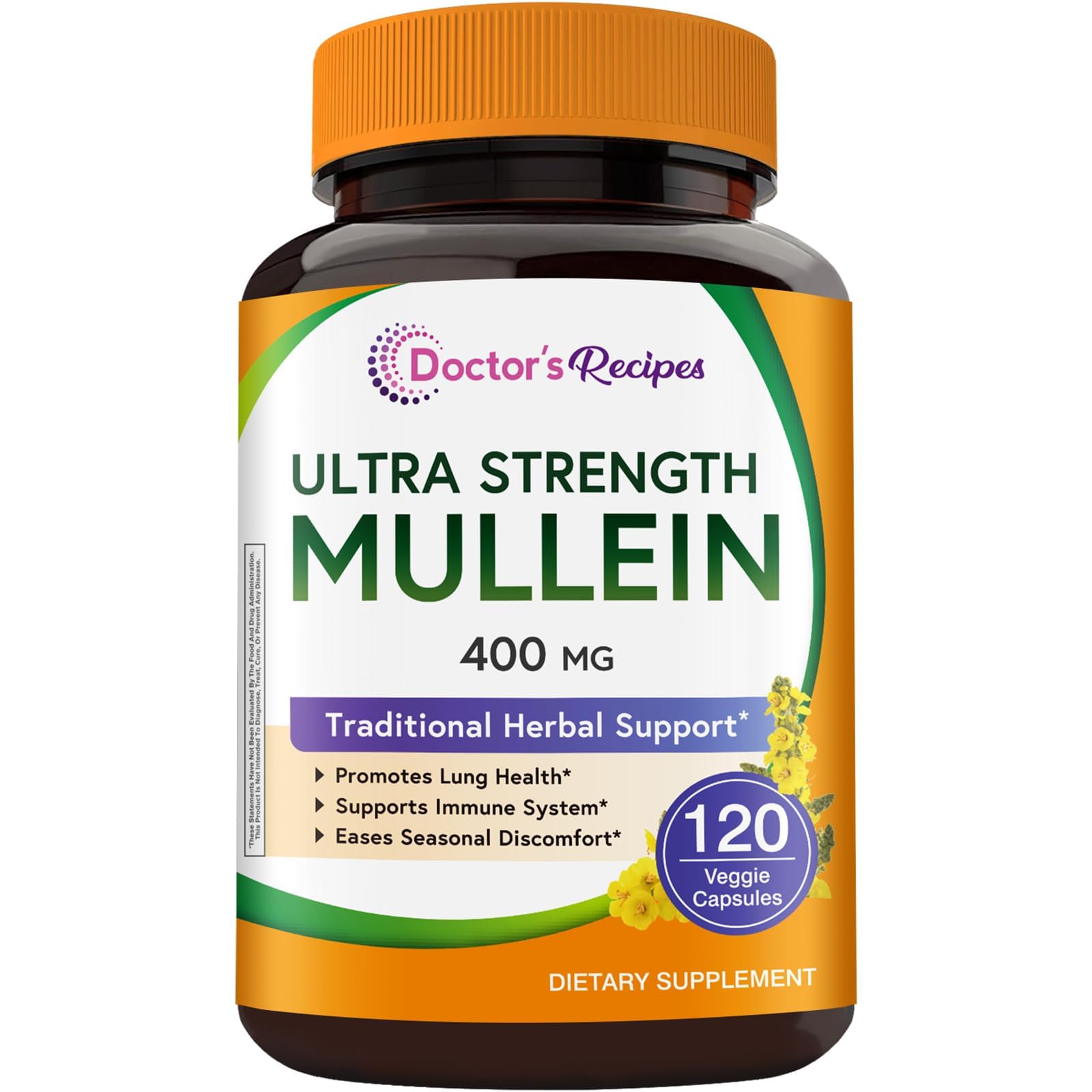 Doctor's Recipes Mullein Extract, 400 mg Extra Strength, Non-GMO, Made in USA, Supports Immune System, Seasonal Comfort, Lung Health, 120 Capsules