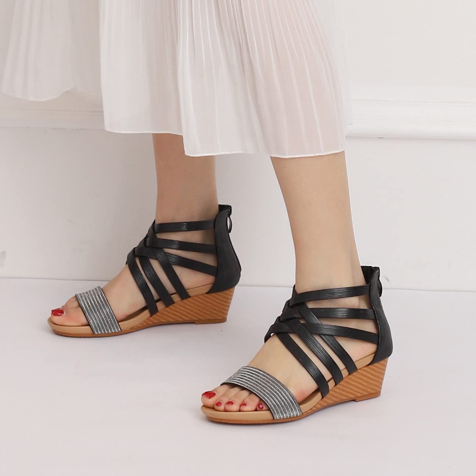 Generico Sandali Da Donna Eleganti Punta Aperta Cinturino Alla Caviglia Estivi Comodi Casual Con Zeppa Scarpe Estive Elastico In Romani Trekking Aperte Confort 40 Sneakers Sandals Women 35