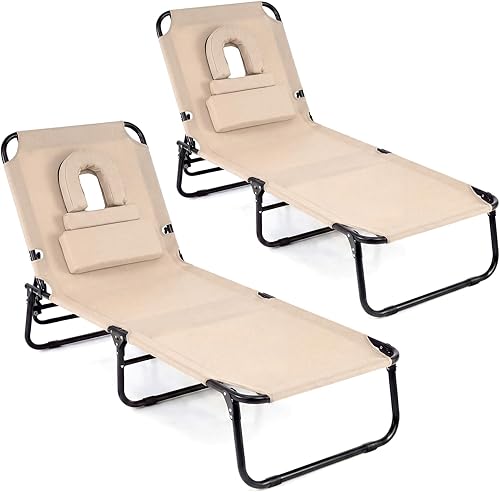 Miniatura 13 de Giantex Silla bronceadora, silla de patio ajustable con orificio para la cara, almohadas extraíbles, correa de transporte, silla de diseño, silla