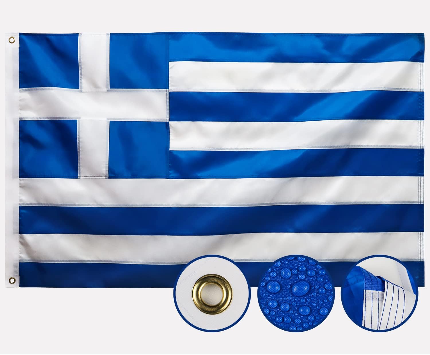 Double Sided Greece Flag 3x5 Ft Outdoor Greek Flags Heavy Duty 210D Nylon, Sewn Stripes, Stronger Brass Grommets,4 Stitched Hemming, Perfect for Outside