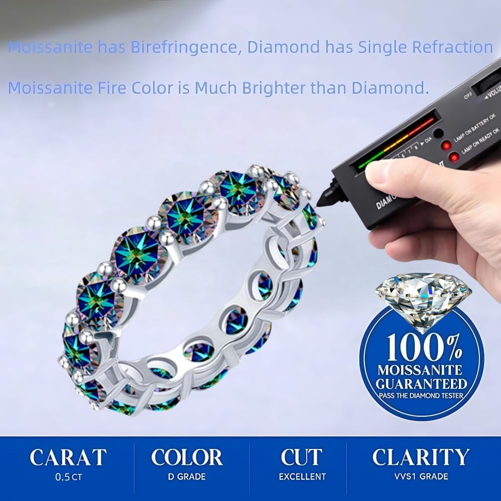 Multicolor 5mm Width 6.5/7CT Moissanite Hypoallergenic Engagement Wedding Eternity Band for Women Men Promise Anniversary Birthday Ring Jewelry Gift 18K Gold Plated 925 Sterling Silver