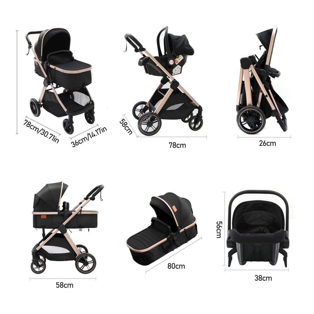 3 in 1 Kinderwagen, PU-Ledergriff, Schwarz-Gold, faltbar, Moskitonetz & Regenschutz