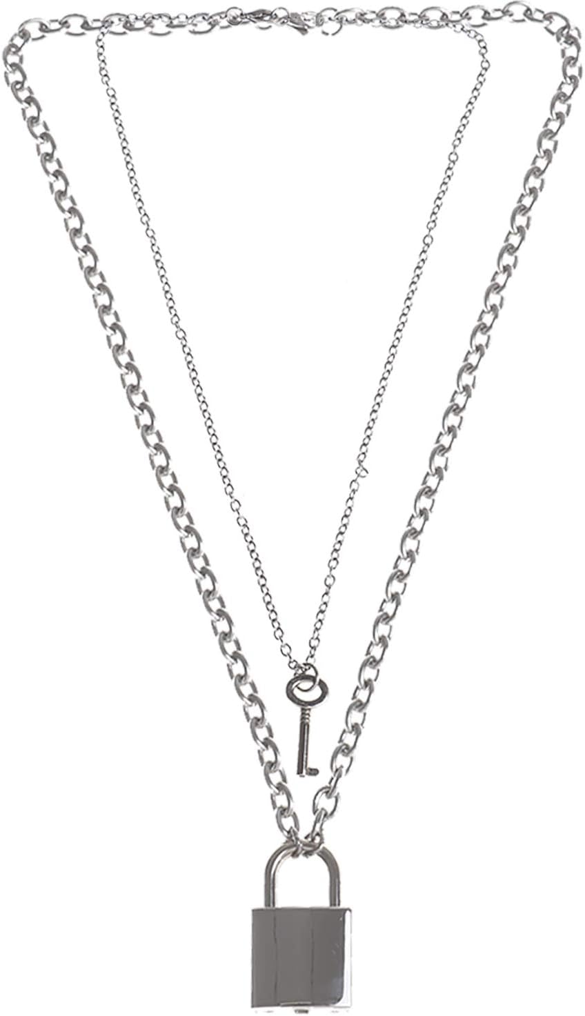 Olgaa Lock Key Pendant Necklace for Women and Men Long Chain Necklace Punk Multilayer Necklace Choker (Color 1)