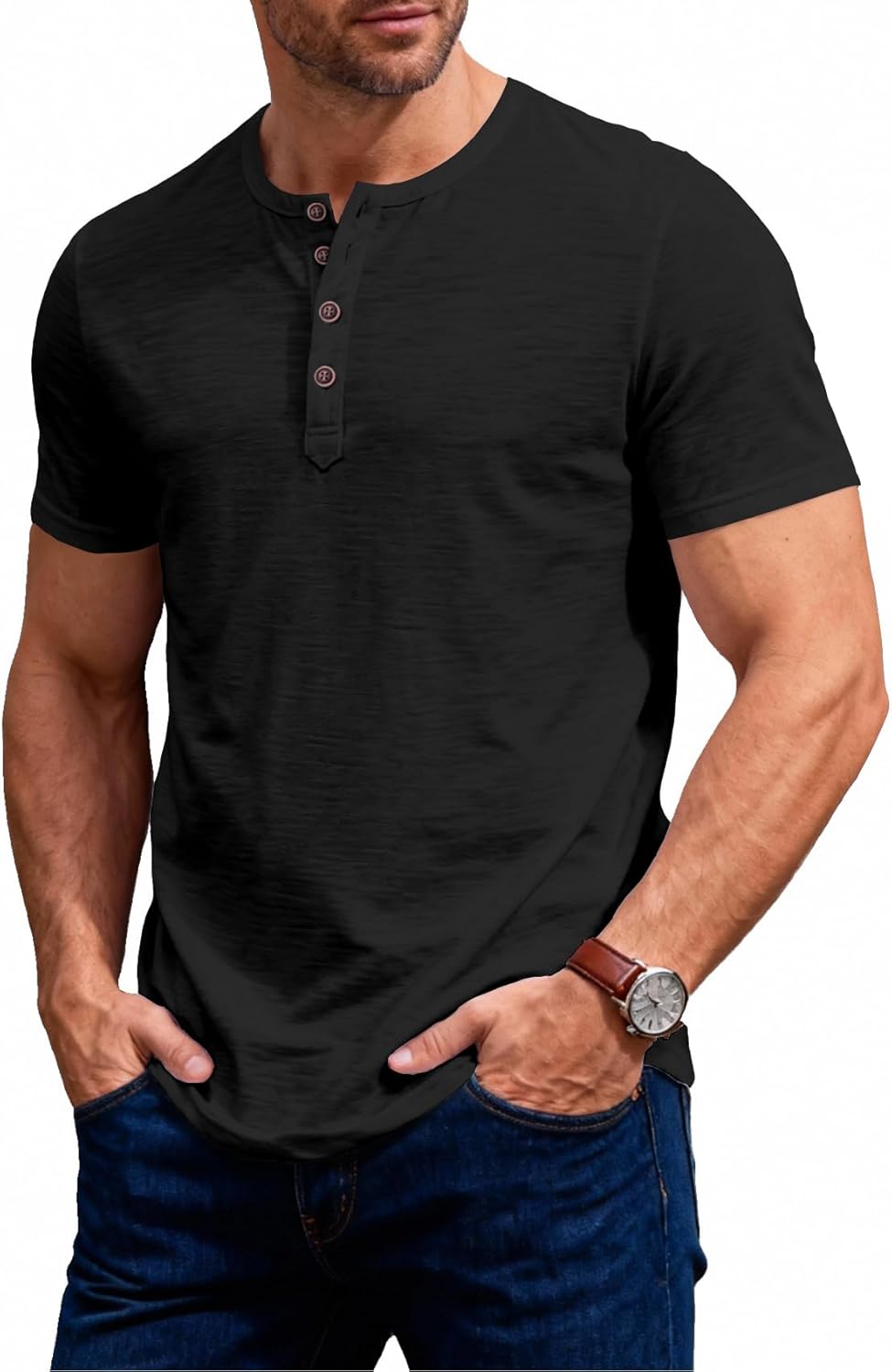 JEMITOP Men's Stretchy Short Sleeve Slim Fit Henley T-Shirt Casual Cotton 4 Buttons Tee Shirts