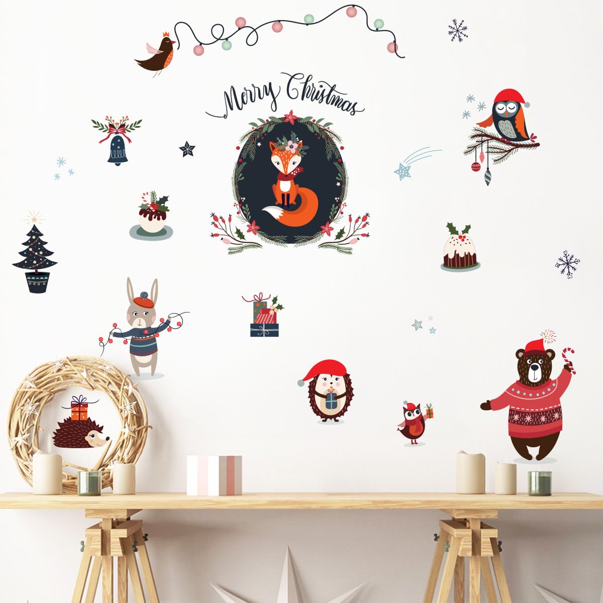 Ambiance Sticker Noël Autocollants Stickers Adhésifs Noël Décoration Fêtes pour Chambre et Salon Animaux de la Forêt Merry Christmas - H50 x L65 cm | Stickers muraux de Noël, autocollant facile à poser, fond translucide pour vitre ou mur coloré, sans outi