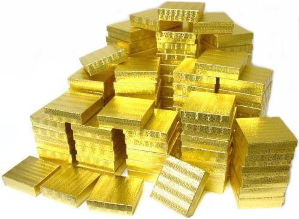 100 Pc Gold Foil Cotton Fill Filled #33 Jewelry Boxes Sz 3 1/2""L x3 1/2""Wx1""H