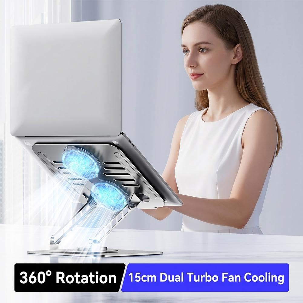 Soporte de refrigeración para portátil con ventilador, base de aluminio giratoria de 360°, enfriador turbo dual, elevador ajustable para computadora portátil de oficina para juegos (rosa)