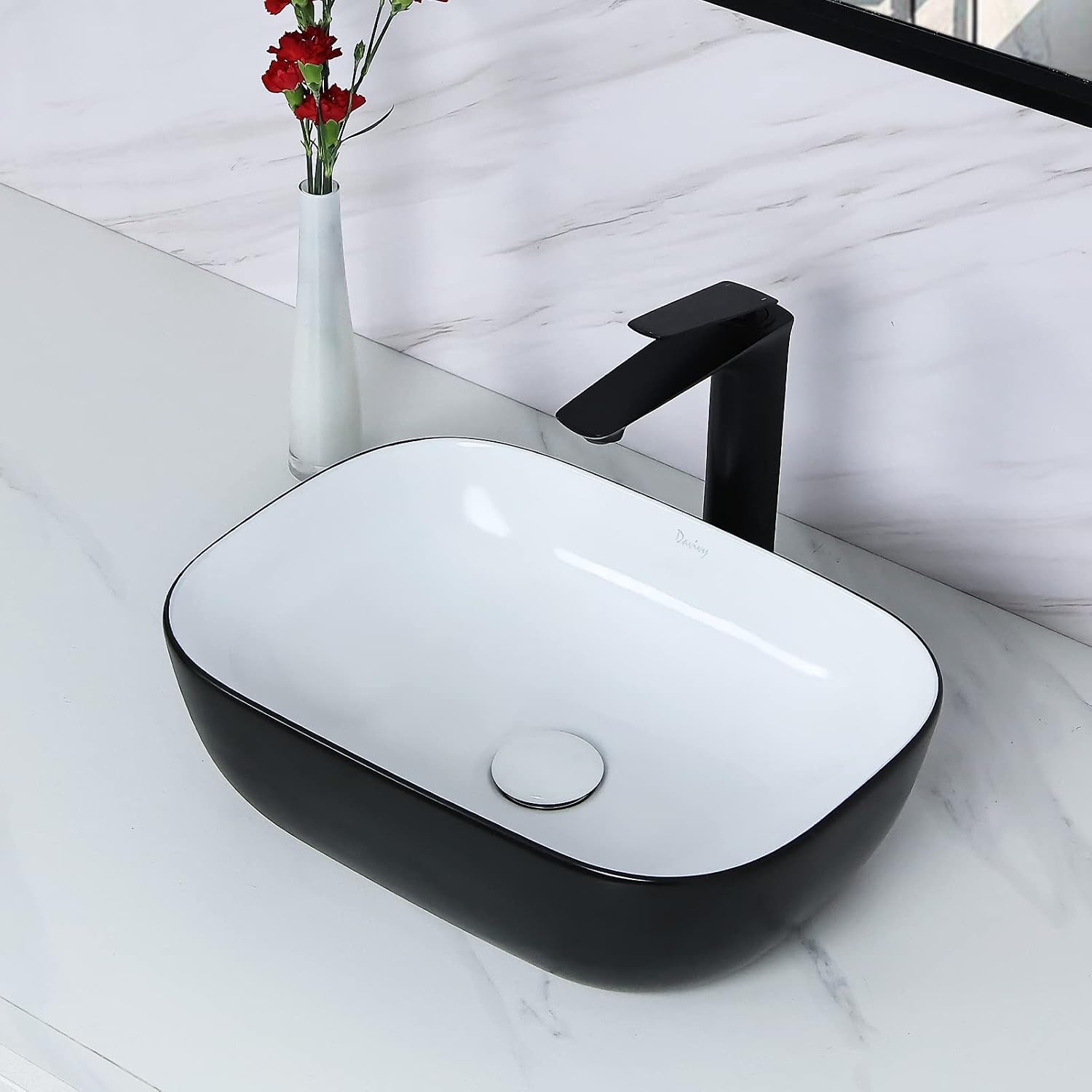 Davivy 17.9'' X 12.6'' Matte Black Oval Vessel Sink with Pop Up Drain,Bathroom Vessel Sinks,Bathroom Sinks Above Counter,Countertop Sink,Oval Bathroom Sink,Ceramic Vessel Sinks for Bathrooms