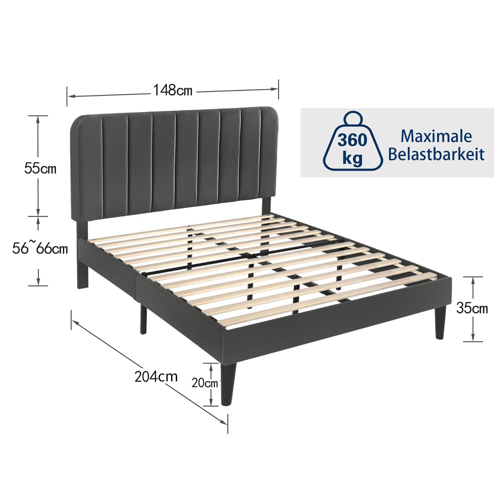 VECELO Lit Double capitonné, 140 x 200 cm, avec tête de lit réglable en Hauteur, Cadre de lit Stable avec sommier à Lattes, Cadre de lit en Velours, Pas de sommier tapissier nécessaire, sans Matelas