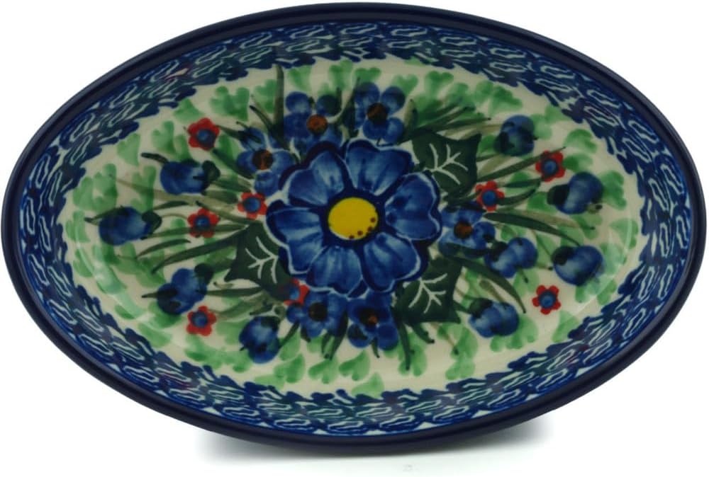 Polmedia Polish Pottery Condiment Dish UNIKAT - Blue Bud Delight Pattern Handmade in Boleslawiec Poland by Ceramika Artystyczna + Certificate of Authenticity