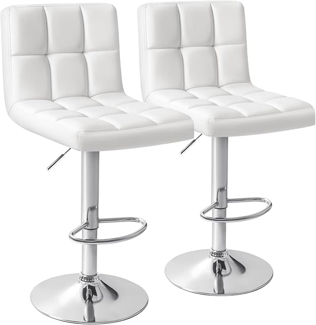 Homall Bar Stools Modern PU Leather Adjustable Swivel Barstools, Armless Hydraulic Kitchen Counter Bar Stool Extra Height Square Island Barstool with Back Set of 2 (Leather, White)