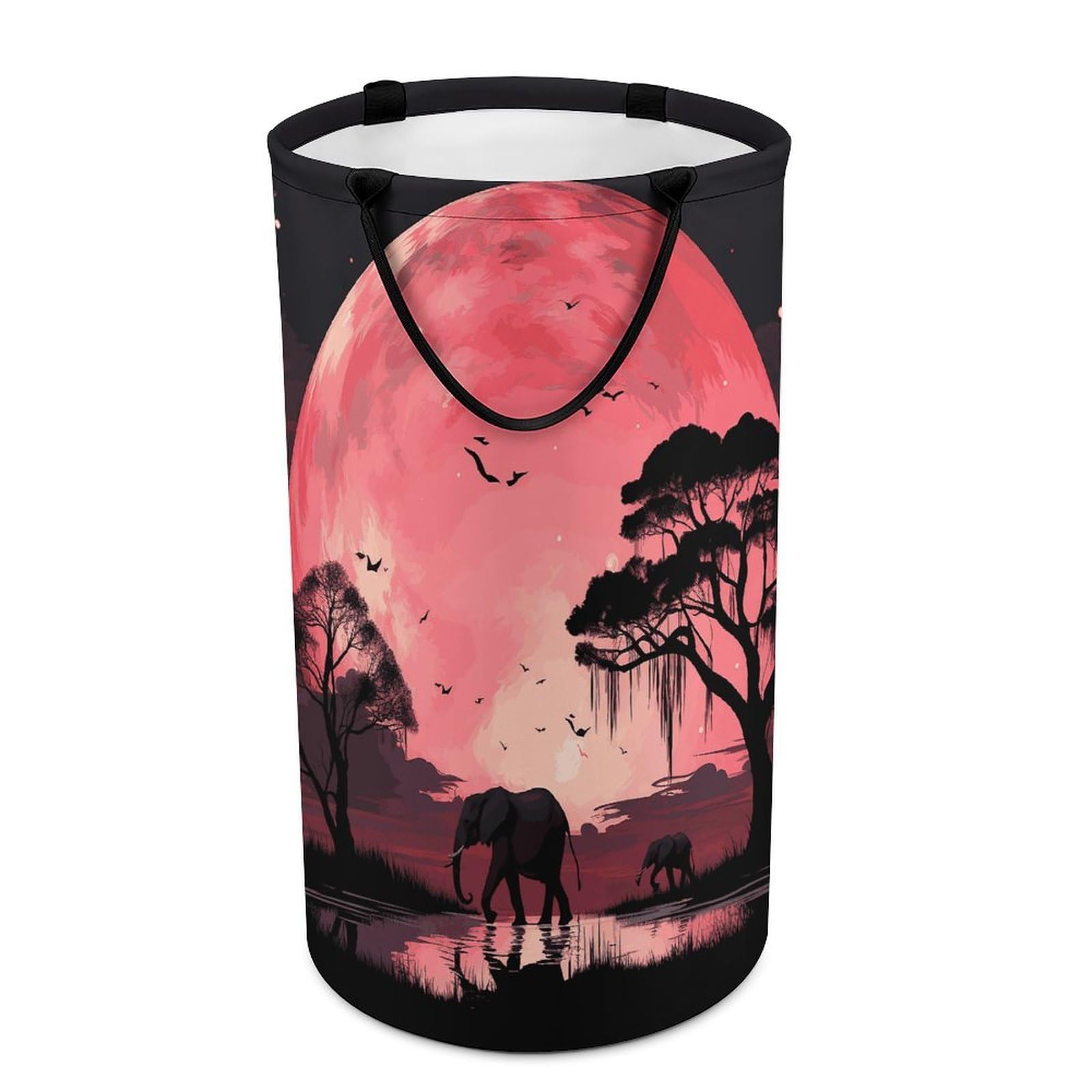 Pink Moon Elephant Laundry Basket Waterproof And Moisture-Proof Storage Bins Collapsible Round Laundry Hamper Perfect for Toys, Clothes And Sundries