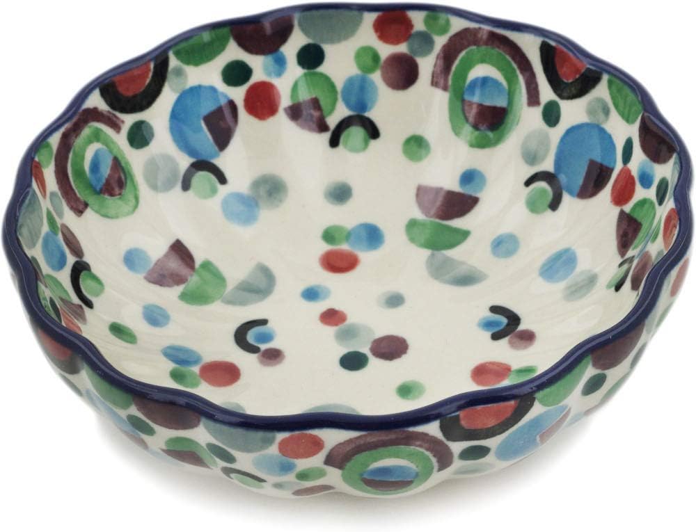 Polmedia Polish Pottery Scalloped Fluted Bowl 5-inch - Pasadena Delight Pattern Handmade in Boleslawiec Poland by Ceramika Artystyczna + Certificate of Authenticity