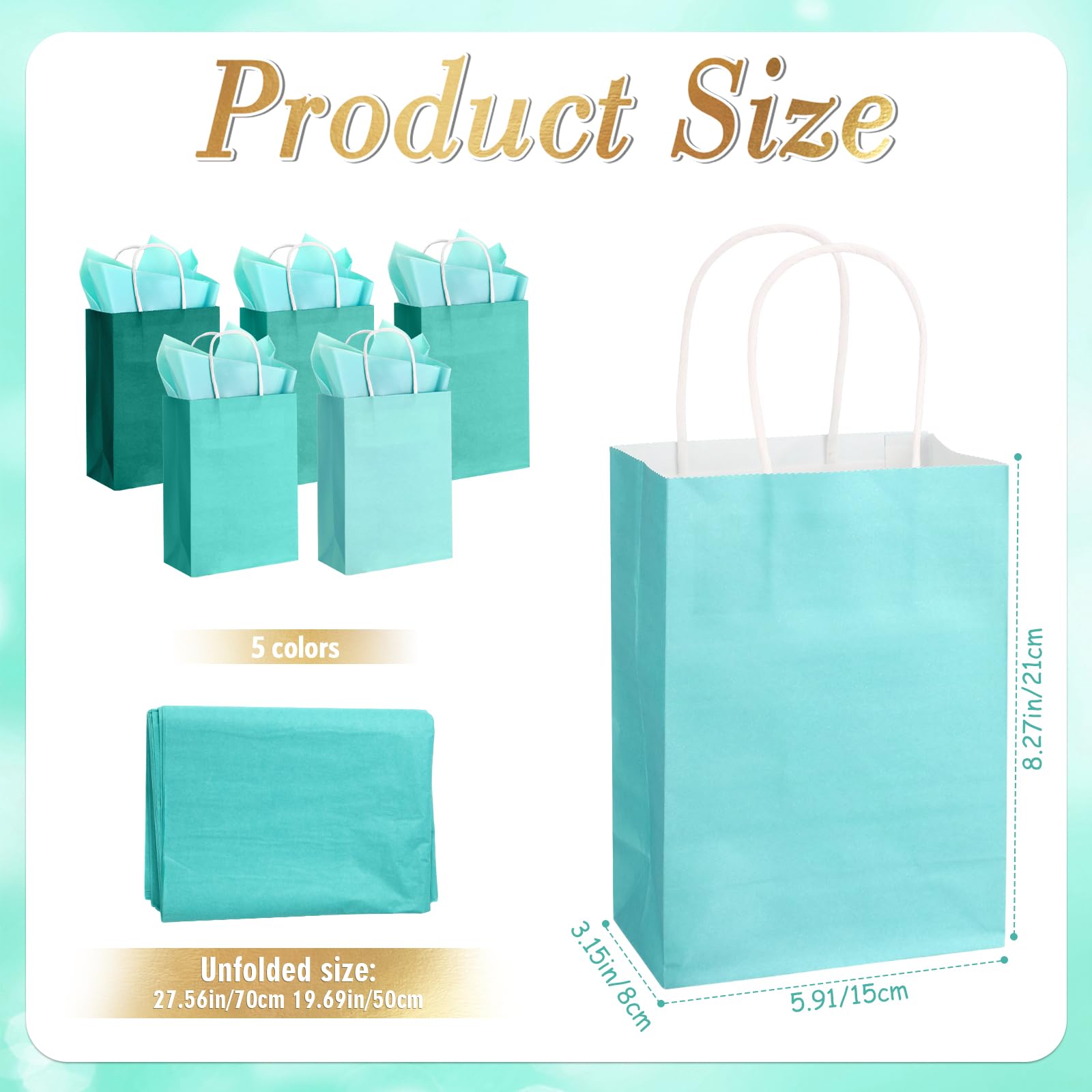 Kolldenn 50 Set Teal Blue Gift Bags with Tissue Paper 8.27 x 5.91 x 3.15 Inch Small Paper Bags with Handles Thank You Gift for Baby Shower Bridal Shower Wedding Party Favors Goodies