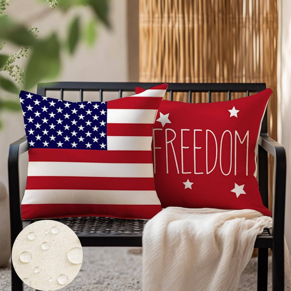RABUSOFA Outdoor Waterproof 4th of July Patriotic Pillow Covers 18x18 Inch,Fourth of July Pillow Cases Set of 4,America Flag Stars Freedom Decorative Memorial Day Throw Pillows(2-18)