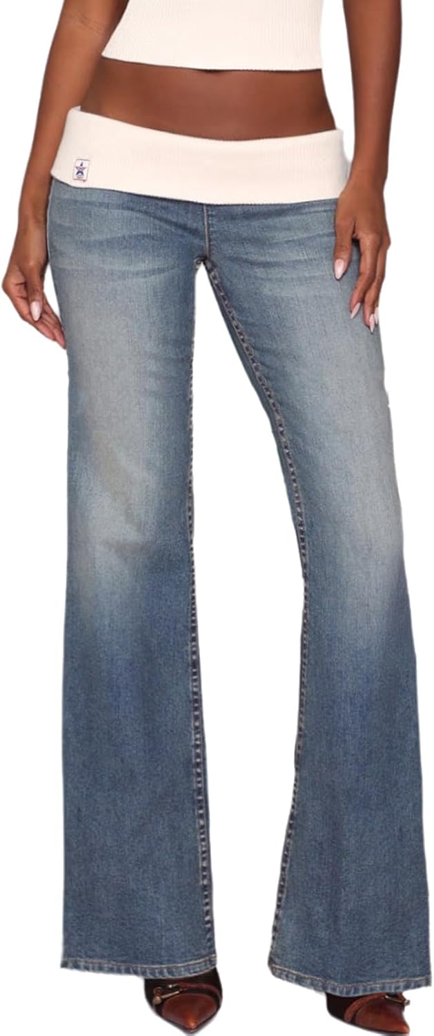 Women's Patchwork Pull on Low Rise Bootcut Jeans Trendy Vintage Y2k Stretch Slim Wide Leg Denim Pants